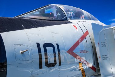 Yanında 101 numara olan bir savaş uçağı. Uçak beyaz ve kırmızı. Pilot pencereden dışarı bakıyor.