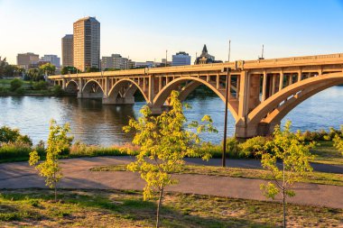 Bir köprü, arka planda bir şehir olan bir nehri kapsar. Köprü kahverengi ve üzerinde birkaç ağaç var.