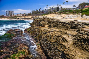 Küçük bir plajı ve birkaç palmiye ağacı olan kayalık bir kıyı şeridi. Kumsal kayalık ve su dalgalı.