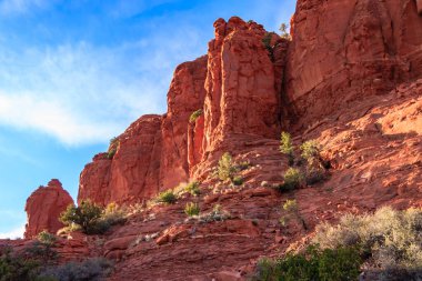 Üzerinde birkaç ağaç olan kayalık bir dağ. Gökyüzü mavi ve güneş parlıyor.
