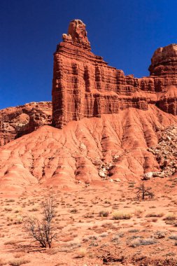 Önünde ağaç olan kayalık bir dağ. Dağ kırmızımsı bir kahverengi ve gökyüzü mavi.