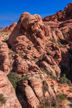 Üzerinde kayalık bir tepe ve ağaç olan bir dağ sırası. Dağ kırmızı kayalarla kaplı ve gökyüzü berrak.