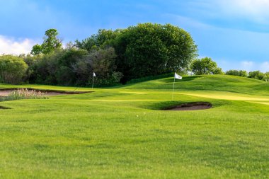 Yeşil çimenli bir sahası ve yerde bayrağı olan bir golf sahası. Bayrak beyazdır ve yere konur.