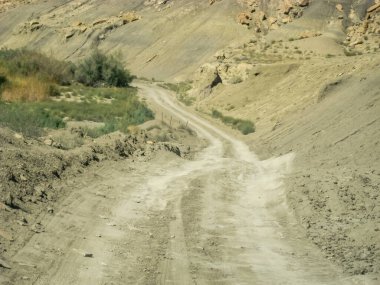 Arka planda ağaç olan bir çölde toprak bir yol. Yol engebeli ve kayalık, toprak kuru ve tozlu. Manzara çorak ve çorak.