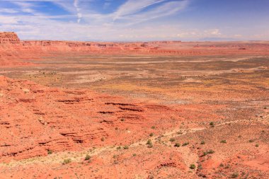 Birkaç ağaç ve mavi gökyüzü olan bir çöl manzarası. Gökyüzü açık ve güneş parlıyor.