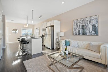 Beyaz kanepesi, kahve masası ve buzdolabı, mikrodalga fırın ve lavabosu olan modern bir oturma odası.