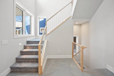 Ahşap korkuluklu ve halılı bir merdiven. Merdiven beyaz ve korkuluklar kahverengi.