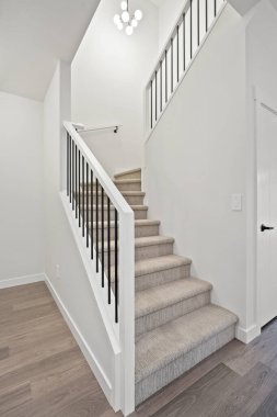 Korkuluklu bir merdiven ve beyaz halılı bir merdiven. Merdiven beyaz duvarlı bir koridorda.