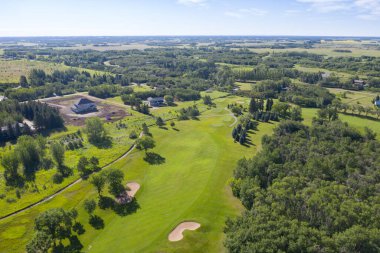 Yeşil çimenli bir tarlası ve birkaç ağacı olan golf sahası. Golf sahası, bir sürü boş alan olan kırsal bir bölgede.