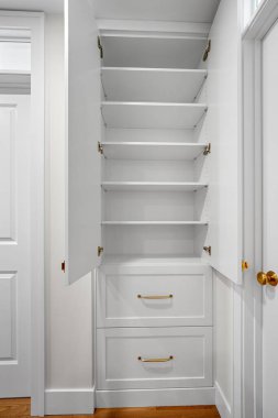 Rafları ve çekmeceleri olan beyaz bir dolap. Dolap boş ve minimalist bir görünüşü var.