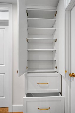 Rafları ve çekmeceleri olan beyaz bir dolap. Dolap boş ve minimalist bir görünüşü var.