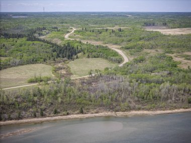 Geniş, içinden yol geçen açık bir alan. Yol ağaçlarla çevrili ve gökyüzü açık.