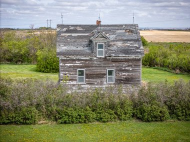 Eğik çatılı küçük, eski bir ev bir tarlada duruyor. Ev uzun çalılar ve otlarla çevrili.