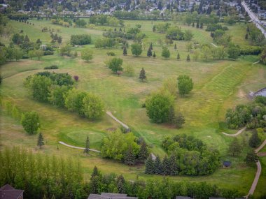 Ağaçları ve golf sahası olan büyük yeşil bir alan. Ağaçlar yeşil ve çimenler gür.