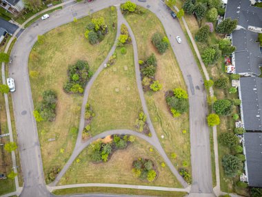 Bir patika ve ağaçla park et. Ağaçlar yeşil ve çimenler kahverengi. Arka planda park etmiş arabalar var.