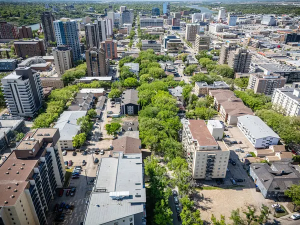 Şehir manzarası bir sürü bina ve ağaçla dolu. Binalar yüksek ve ağaçlar yeşil. Şehir hareketle dolup taşıyor.