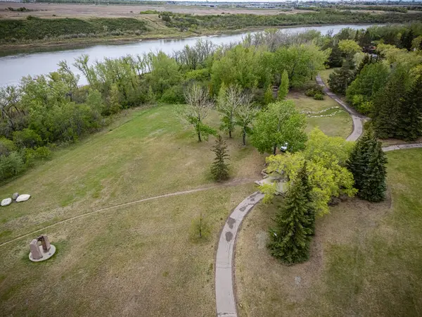 Yol ağaçların ve arka planda bir nehrin olduğu bir parktan geçiyor. Yol çimenler ve kayalarla çevrili.