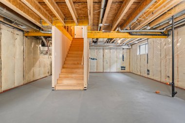 Ortasında merdiven olan büyük boş bir oda. Oda tamamlanmamış ve çok fazla potansiyeli var.