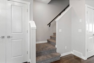 Gümüş saplı ve gümüş düğmeli beyaz kapı. Kapı açık ve koridor boş.