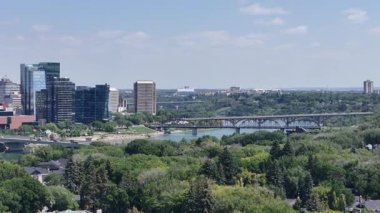 Köprüsü ve nehri olan şehir manzarası. Şehir yüksek binalarla dolu ve köprü büyük bir yapıdır. Gökyüzü açık ve güneş parlıyor.