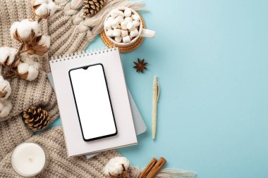 Cep telefonu günlüklerinin en üst görüntüsü. Boş bir arkaplanda tarçın tarçın kozalakları ve pamuk helva servis eden hindistan cevizli karamelli kakao.