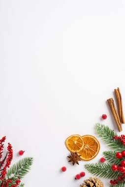 Yeni yıl dekorasyonu konsepti. Kurumuş portakal dilimlerinin dikey görüntüsü tarçın çubukları ökseotu çam ağaçları kırağı dalları ve boş bir arkaplan ile izole beyaz arka plan üzerinde anason.