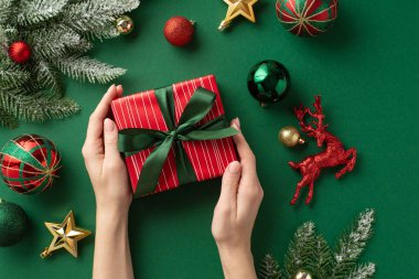 Noel konsepti. Üstten bakıldığında, kırmızı hediye kutusuyla kırmızı altın sarısı takı takan kadın ellerinin fotoğrafı. Yeşil arka planda dondaki çam dalları ve ren geyiği süsleri.
