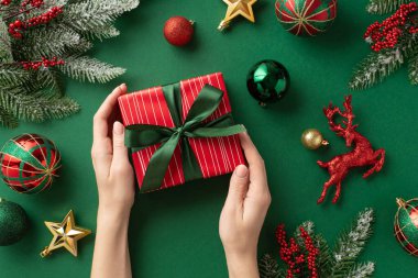 Yeni yıl konsepti. Kırmızı kutu, kırmızı altın sarısı, geyik mücevheri ökse otu çam ağacı dalları, izole edilmiş yeşil arkaplan.