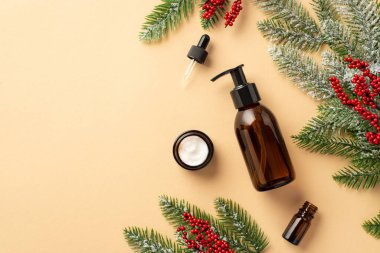 Organik cilt estetiği konsepti. Üstünde etiket etiketi olmayan cam pompa şişesi resmi. Küçük krema kavanozu. Ökseotu üzümü köknar köknar dalı.