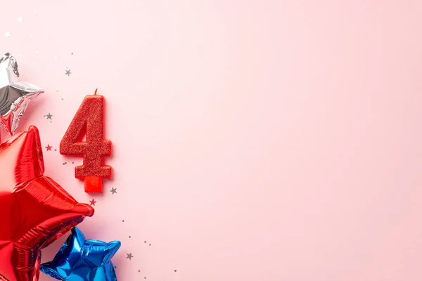 USA Independence Day celebration concept. Top view photo of number 4 candle star shaped balloons in national flag colors and shiny confetti on isolated pastel pink background with copyspace