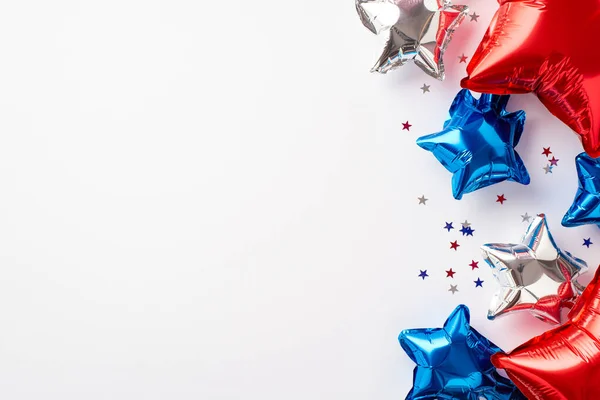 stock image USA Independence Day concept. Top view photo of red white blue balloons and star shaped confetti on isolated white background with copyspace