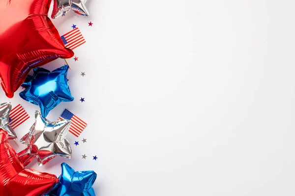 Forth of July celebration concept. Top view photo of red white blue balloons national flags and star shaped confetti on isolated white background with empty space