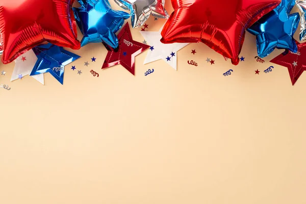 Forth of July decorations concept. Top view photo of balloons in national flag colors star garland and confetti on isolated beige background with blank space