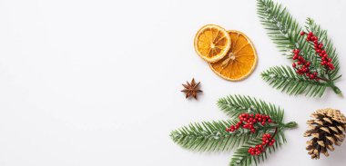 Noel konsepti. Kar ökseotu üzümlerindeki köknar dallarının en üstteki fotoğrafı. Çam kozalağı anason ve kuru portakal dilimleri izole edilmiş beyaz arka planda, boş alan.