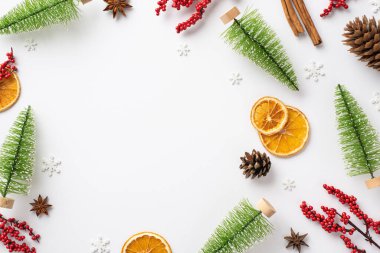 Noel arifesi kavramı. Ökse otu üzümlerinin üst görüntüsü kozalakları tarçın çubukları kuru portakal dilimleri ve izole beyaz arka planda kar taneleri boş alan