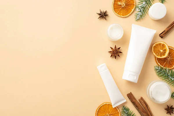 Winter Skin Care Cosmetics Concept Top View Photo White Tubes — Stock Photo, Image