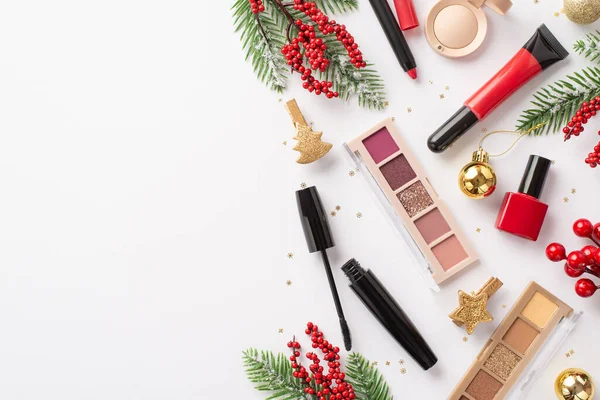 Christmas Concept Top View Photo Decorative Cosmetics Lip Gloss Nail — Stock Photo, Image