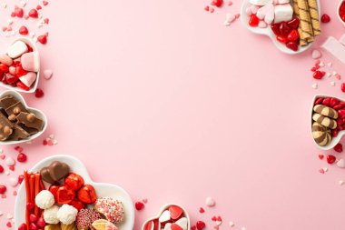 Sevgililer Günü konsepti. Kalp şeklindeki fincan tabakları, şekerleme ve kurabiyelerle izole edilmiş pastel pembe arka planda, ortada boş bir alan ile üst görüntü fotoğrafı.