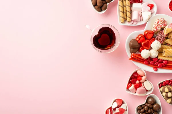 Valentine Day Concept Top View Photo Heart Shaped Saucers Sweets — Stock Photo, Image