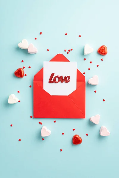 Valentijnsdag Concept Bovenaanzicht Verticale Foto Van Open Rode Envelop Met — Stockfoto