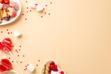 Sevgililer Günü kutlaması konsepti. Yalıtılmış bej arka planda şekerli ve lolipoplu kalp şeklindeki çay tabakları ve kopyalanmış bej lolipopların üst görünümü