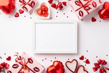 Sevgililer Günü konsepti. Fotoğraf çerçevesi hediye kutularının üst görüntüsü kalp şeklinde balonlar mum tabağı şekerlemeler ve konfetiler izole edilmiş beyaz arka planda boş alan