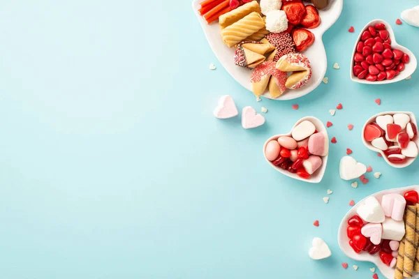 Valentine Day Celebration Concept Top View Photo Heart Shaped Saucers — Stock Photo, Image