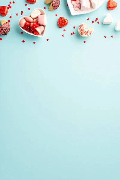 stock image Valentine's Day concept. Top view photo of heart shaped saucers with sweets candies and cookies on isolated pastel blue background with empty space