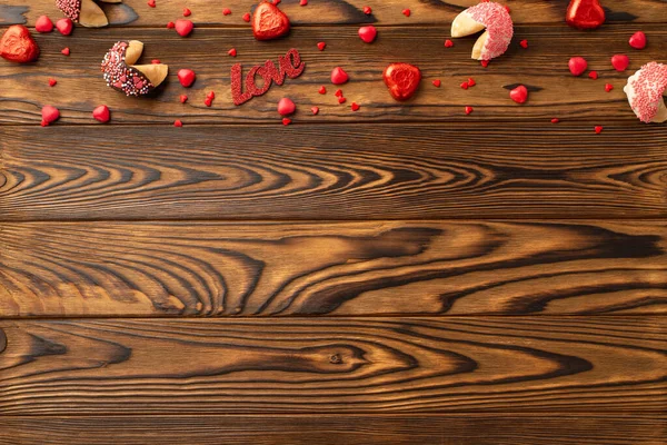Valentinstag Konzept Foto Von Oben Von Süßwaren Herzförmige Bonbons Kekse — Stockfoto