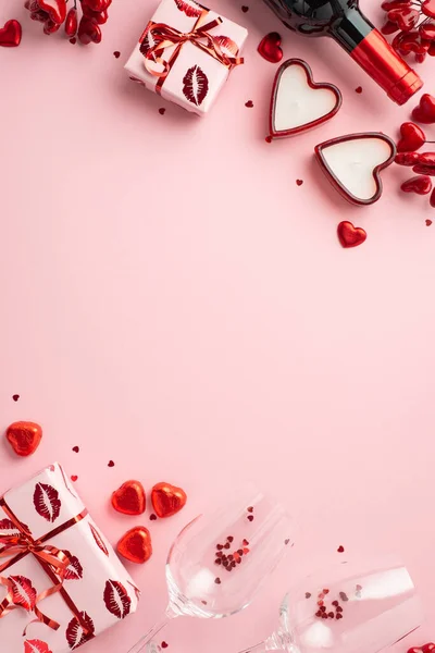 Valentine Day Concept Top View Vertical Photo Gift Boxes Wine — Stock Photo, Image