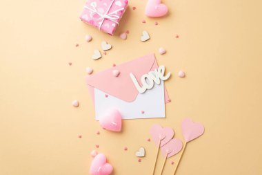 Sevgililer Günü konsepti. Üzerinde harf yazılı pembe zarfın en üstteki fotoğrafı aşk küçük hediye kutusu kağıt kalpler çubuklarda mumlar ve izole edilmiş bej arka planda serpiştirmeler