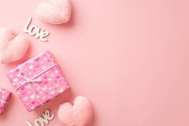 Sevgililer Günü konsepti. Hediye kutusu pofuduk kalp şekilli oyuncaklar ve yazıtların en üstteki fotoğrafı izole edilmiş pastel pembe arka planda kopyalanmış