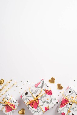 Sevgililer Günü konsepti. Üst görünüm hediye kutularının dikey fotoğrafı kalp şeklinde altın konfeti ve izole edilmiş beyaz zemin üzerinde boş alan içeren pullar.