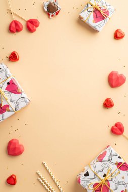 Valentine's Day concept. Top view vertical photo of gift boxes heart shaped lollipops chocolate candies straws and golden sequins on isolated pastel beige background with empty space in the middle
